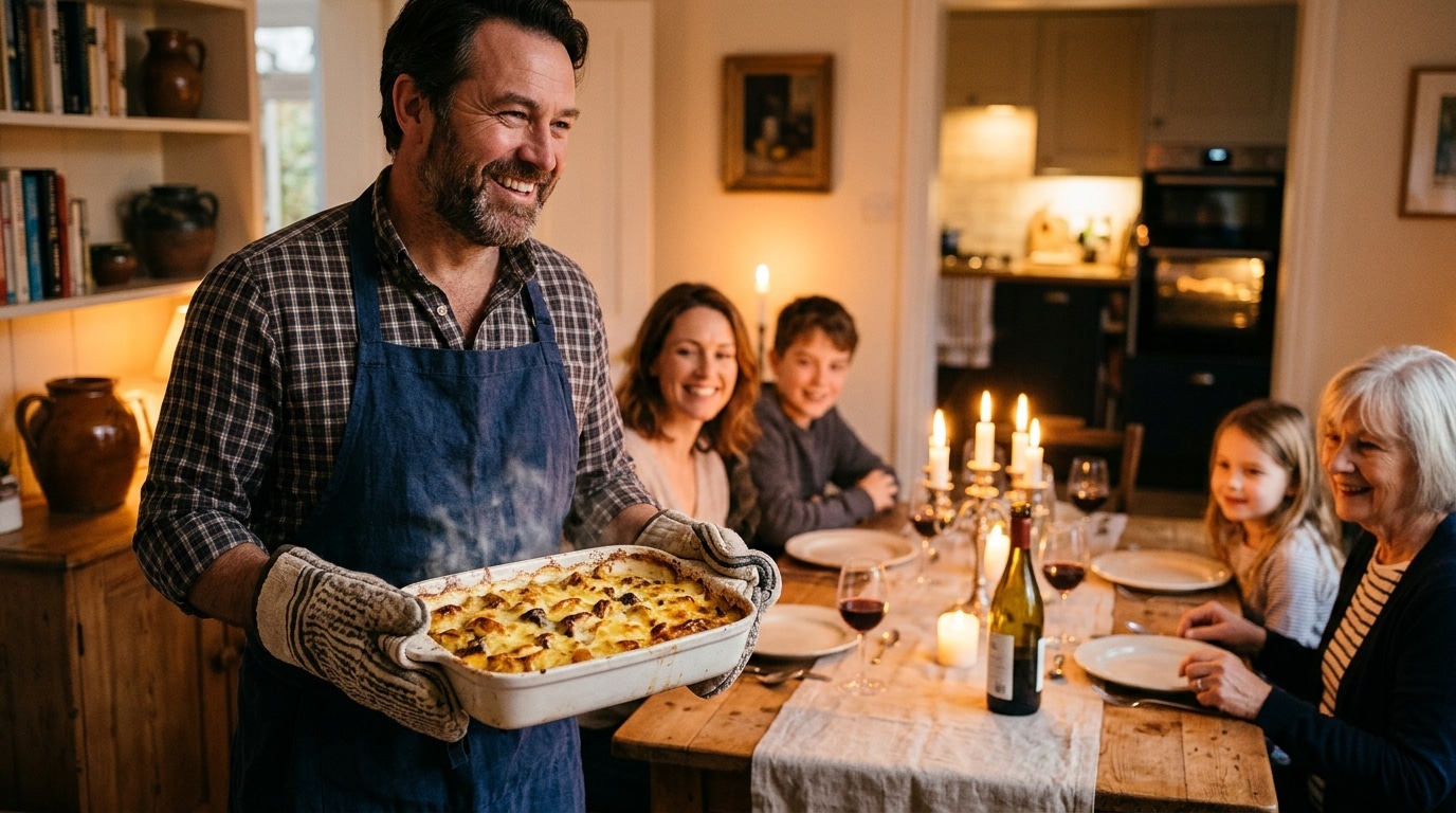Gratin dauphinois aux cèpes doré à la sortie du four
