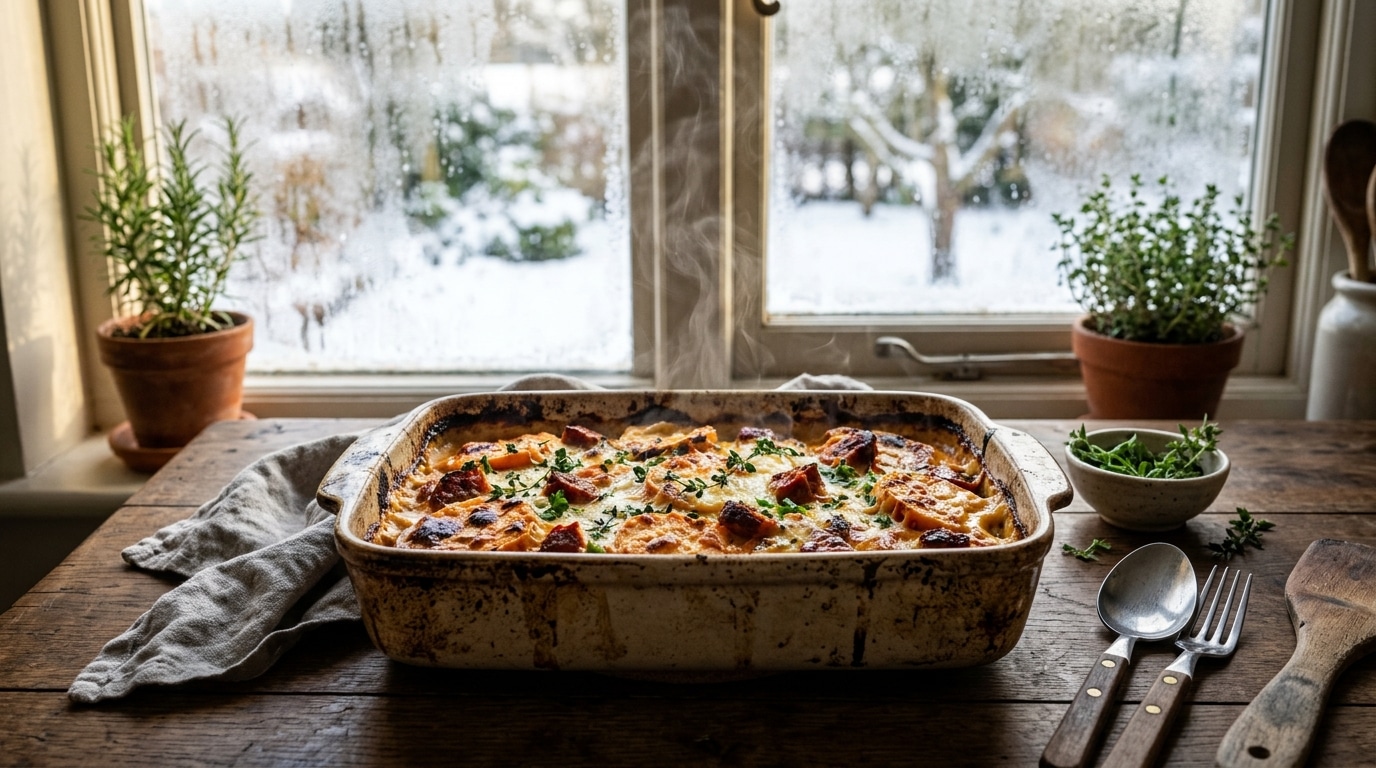 Gratin doré de patates douces et chorizo sortant du four