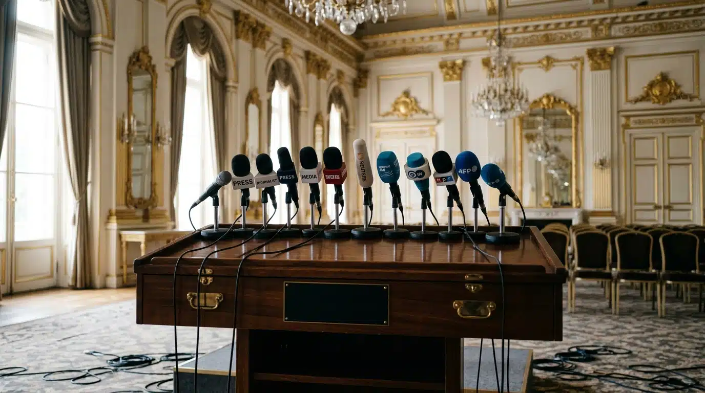 Pupitre avec micros dans une salle officielle dorée