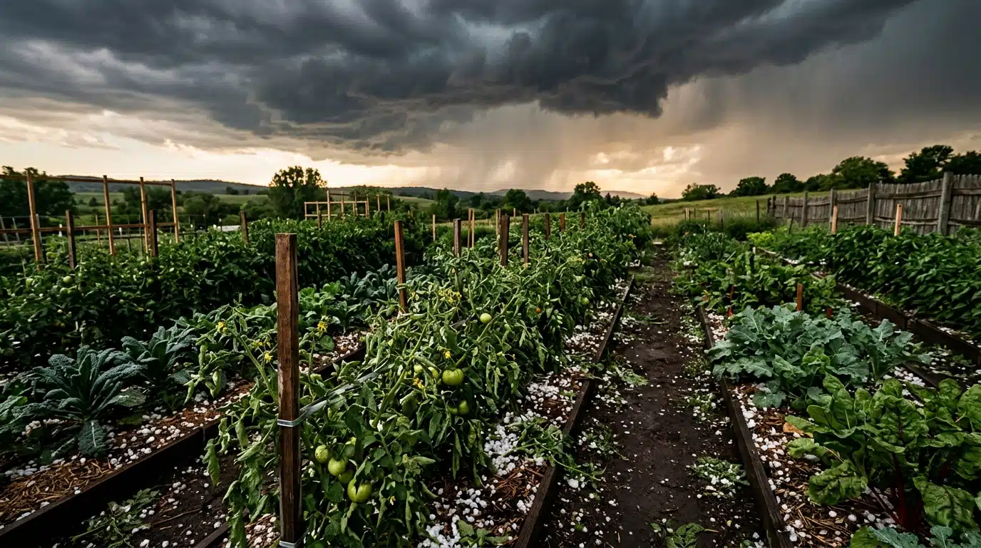 Potager sous ciel d'orage couvert de grêlons