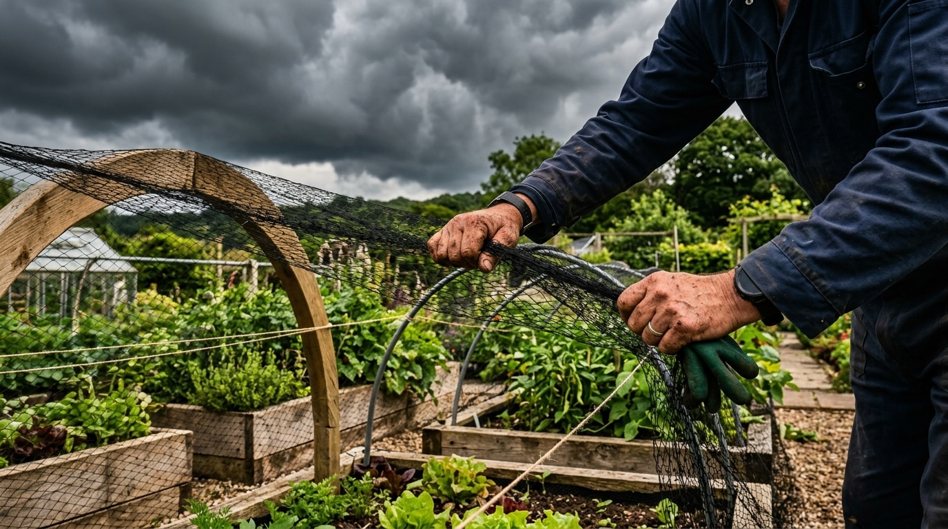Mains tendant un filet de protection au-dessus d'un potager