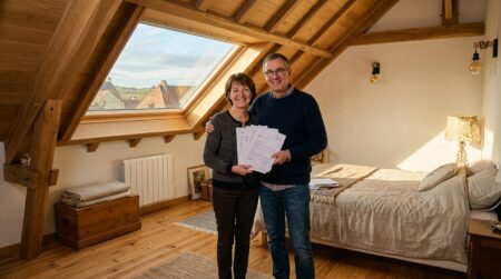 Couple dans un grenier aménagé en chambre lumineuse