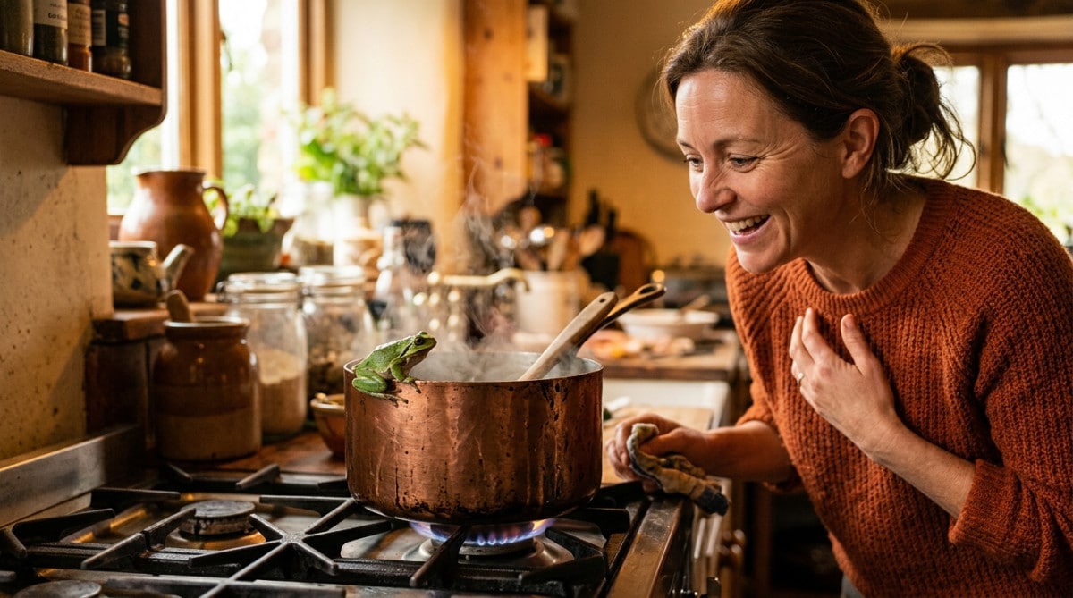 Grenouille prête à sauter hors d'une casserole fumante