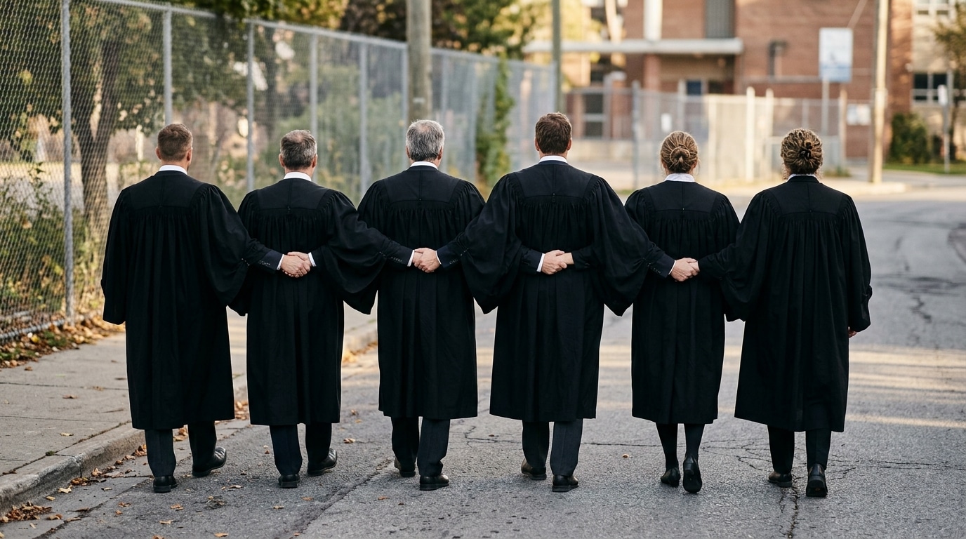 Chaîne d'avocats en robe vue de dos devant un lycée