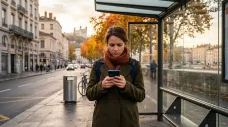 Usager consultant l'appli TCL à un arrêt de bus lyonnais