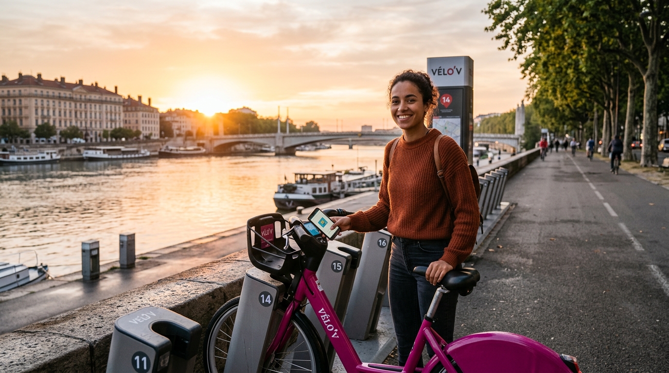 Femme déverrouillant un Vélo'v à Lyon au petit matin