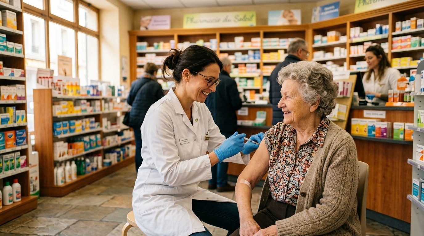 Pharmacienne vaccinant une femme âgée contre la grippe