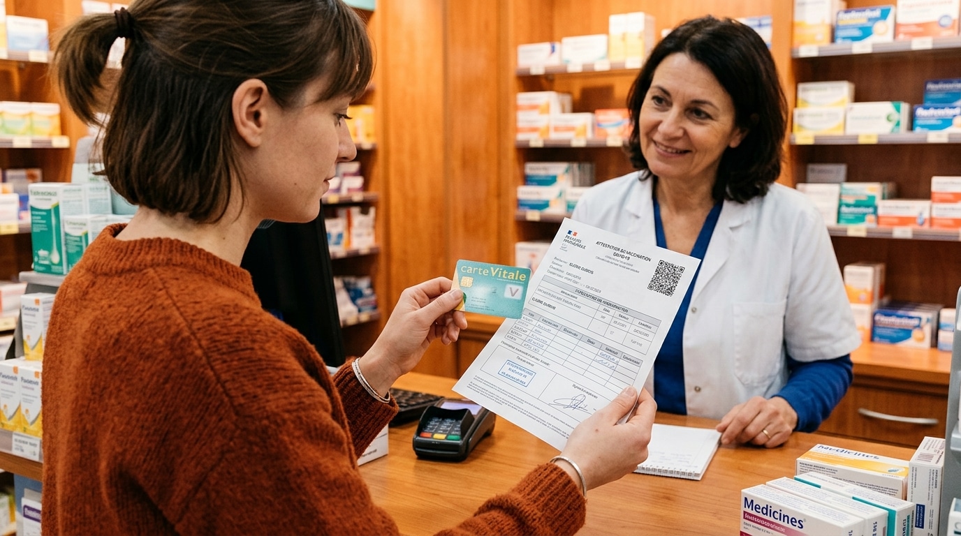 Carte vitale et bon de vaccination au comptoir d'une pharmacie