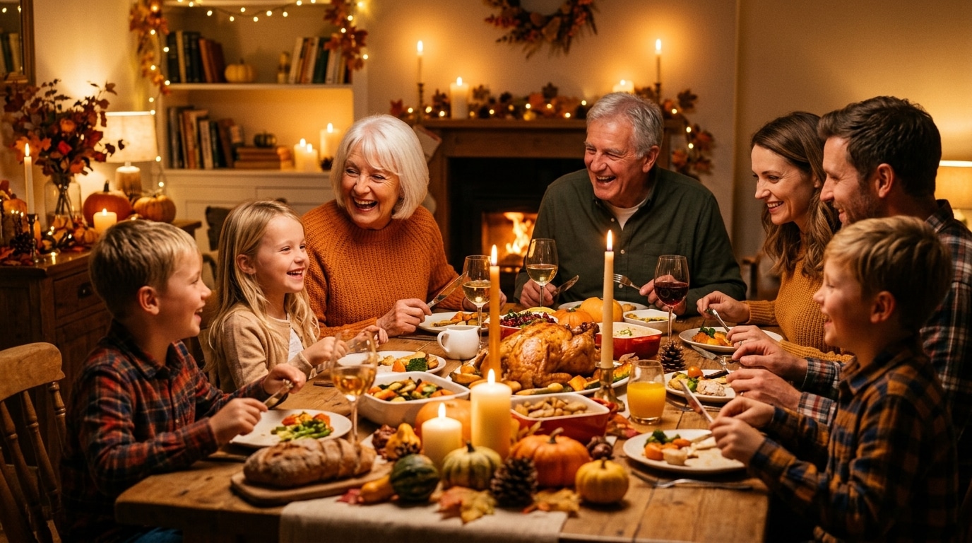 Famille réunie autour d'une table en automne