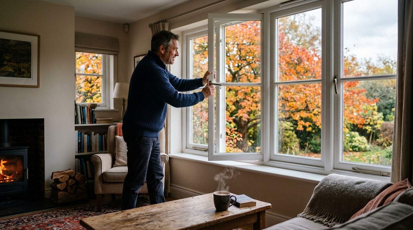 Homme aérant son salon en automne