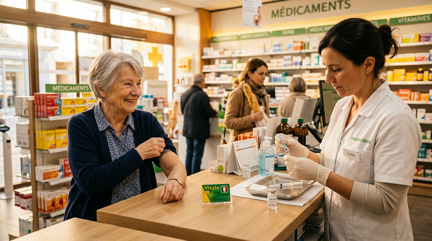 Femme âgée vaccinée contre la grippe en pharmacie