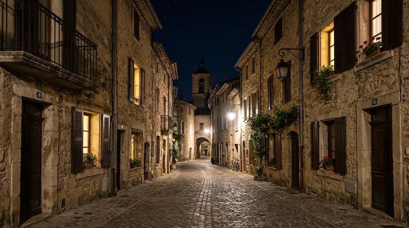 Rue calme d'une petite ville de nuit, maisons en pierre