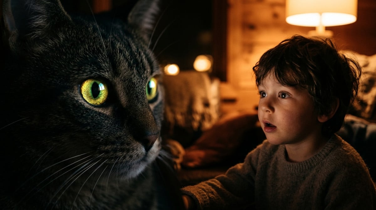 Gros plan d'un œil de chat qui brille dans l'obscurité