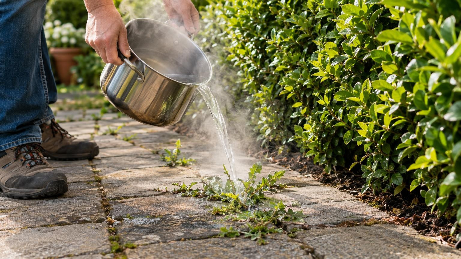 Eau bouillante versée sur des herbes entre les pavés