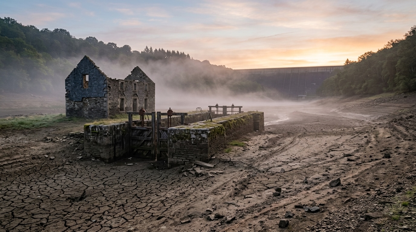 Vallée de lac vidée avec écluse en pierre dans la brume