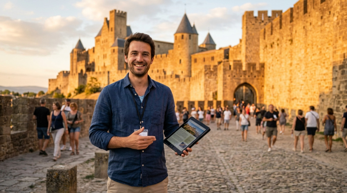 Guide-conférencier souriant devant les remparts de Carcassonne