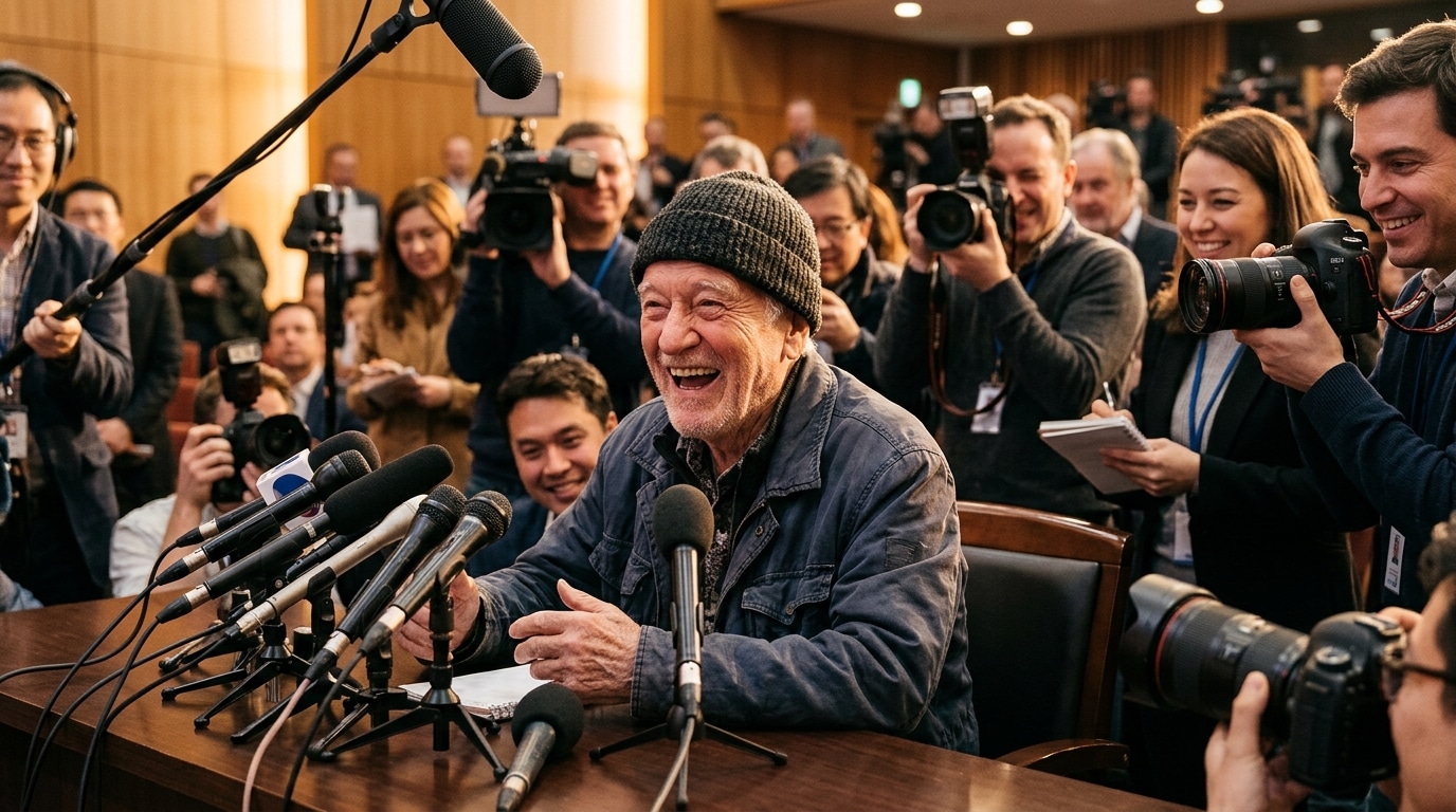 Homme âgé hilare lors d'une conférence de presse