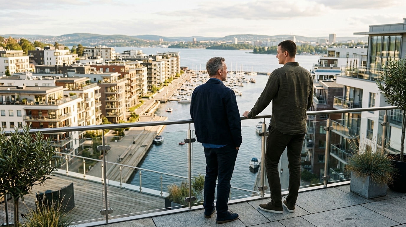 Deux hommes sur une terrasse face à un quartier résidentiel