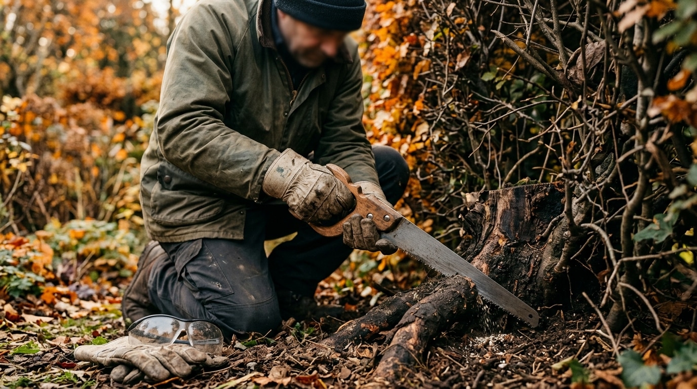 Mains gantées sciant une grosse racine de haie