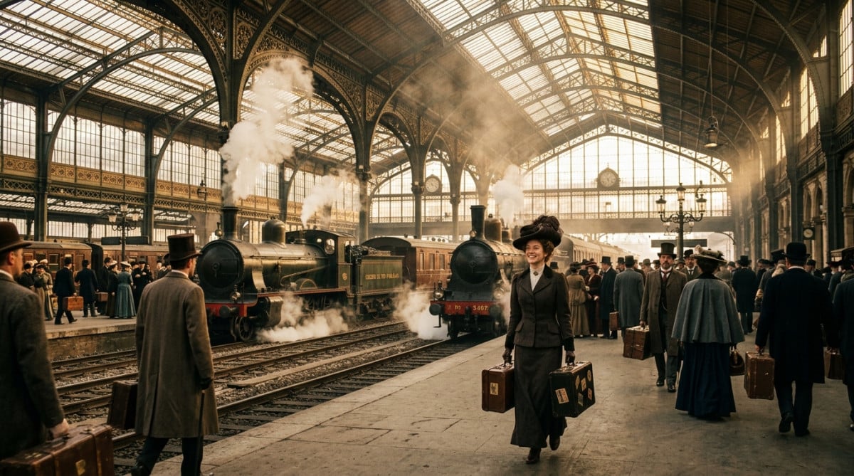 Hall de la gare d'Orsay en 1900 avec voyageurs