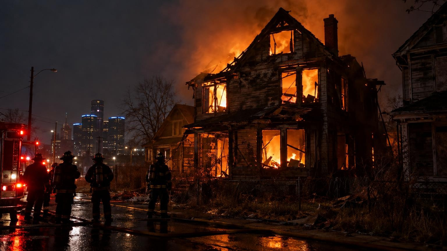 Maison abandonnée en feu la nuit à Detroit