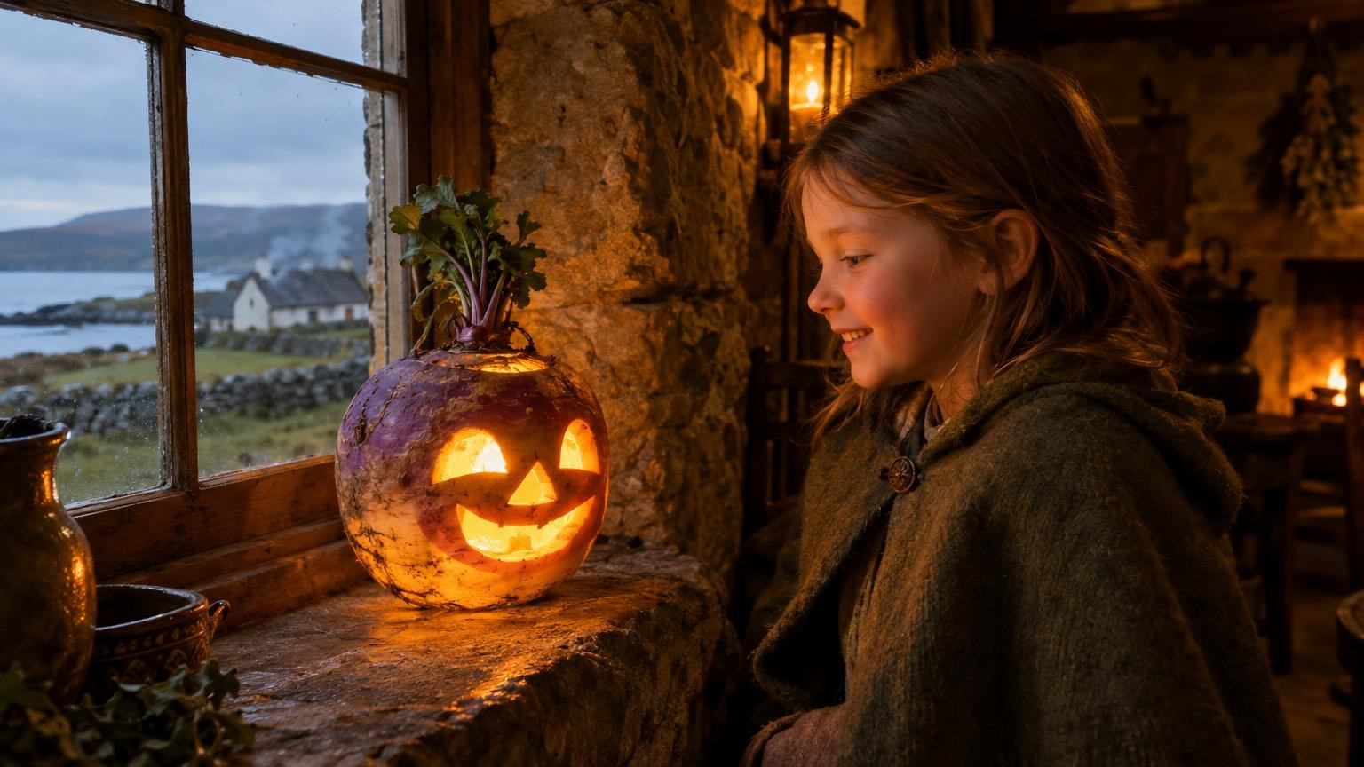 Lanterne de navet sculptée dans un cottage irlandais