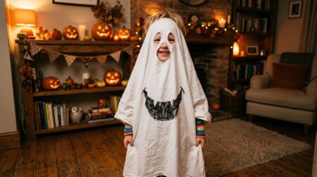 Enfant déguisé en fantôme avec un drap blanc