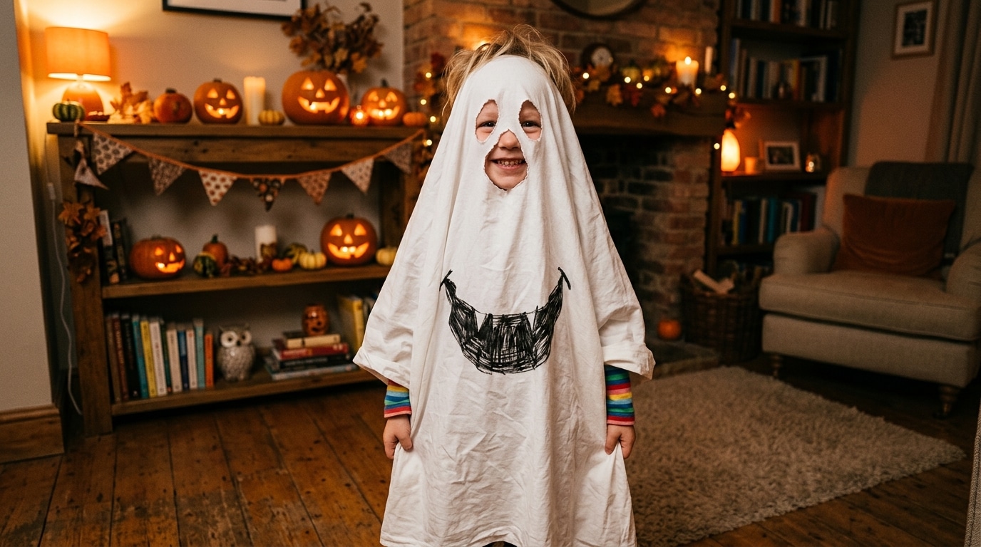 Enfant déguisé en fantôme avec un drap blanc