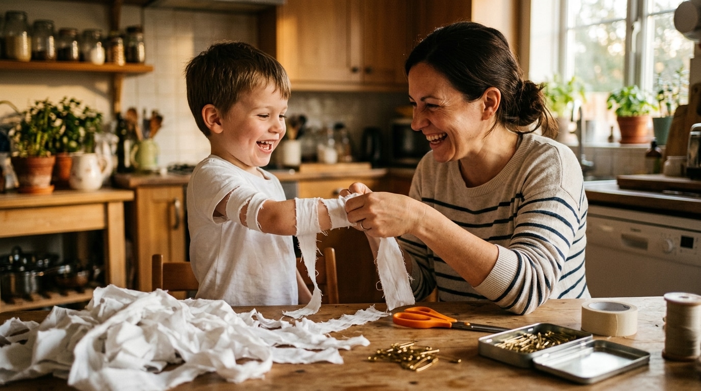Parent enroulant des bandes de drap autour d'un enfant momie