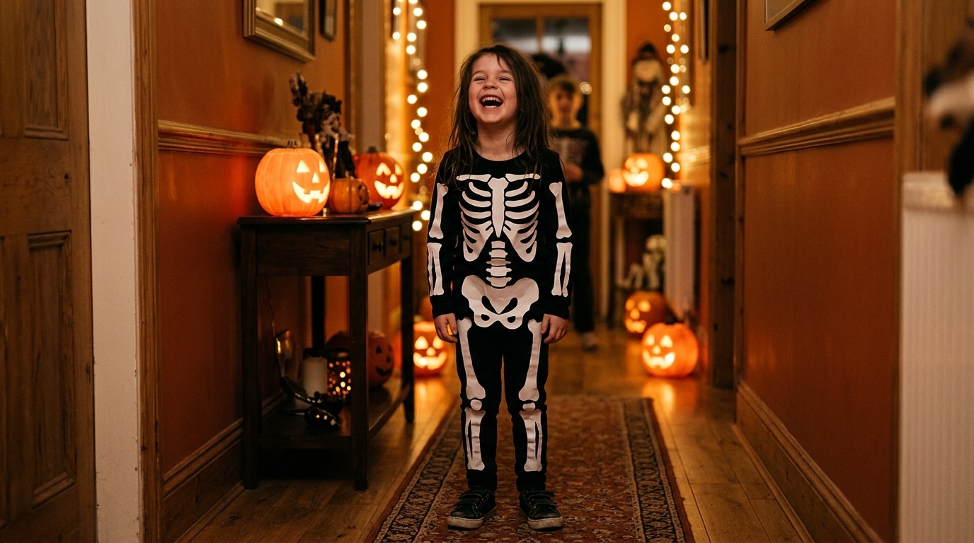 Enfant en costume de squelette fait maison