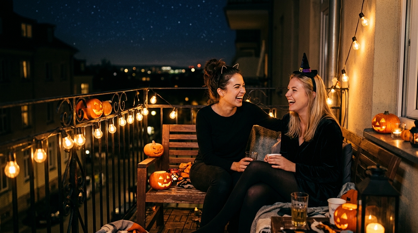 Deux personnes complices sur un balcon après une soirée d'Halloween