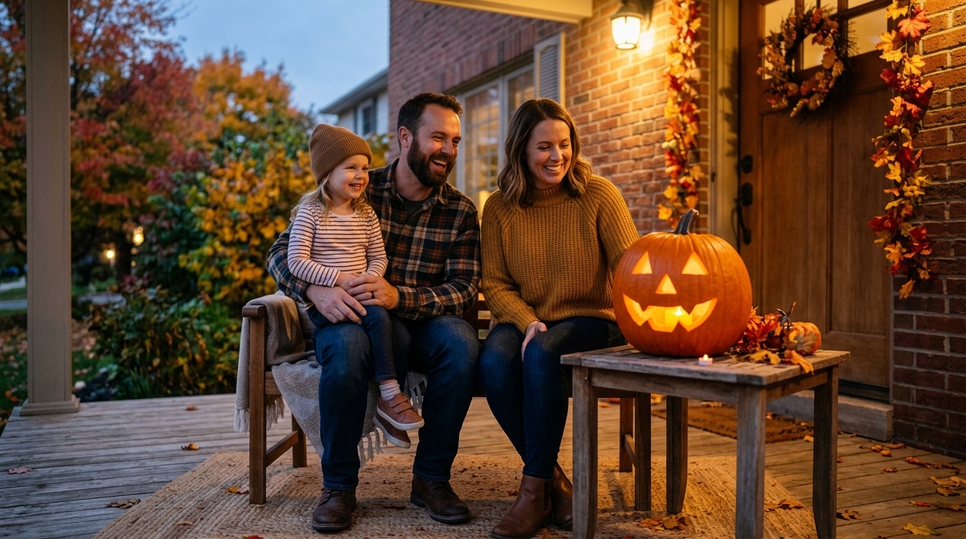 Famille devant une citrouille sculptée allumée au crépuscule