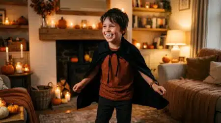 Enfant déguisé en vampire avec cape noire et crocs