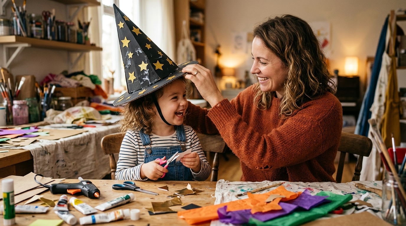 Mère aidant son enfant à essayer un chapeau de sorcière en carton