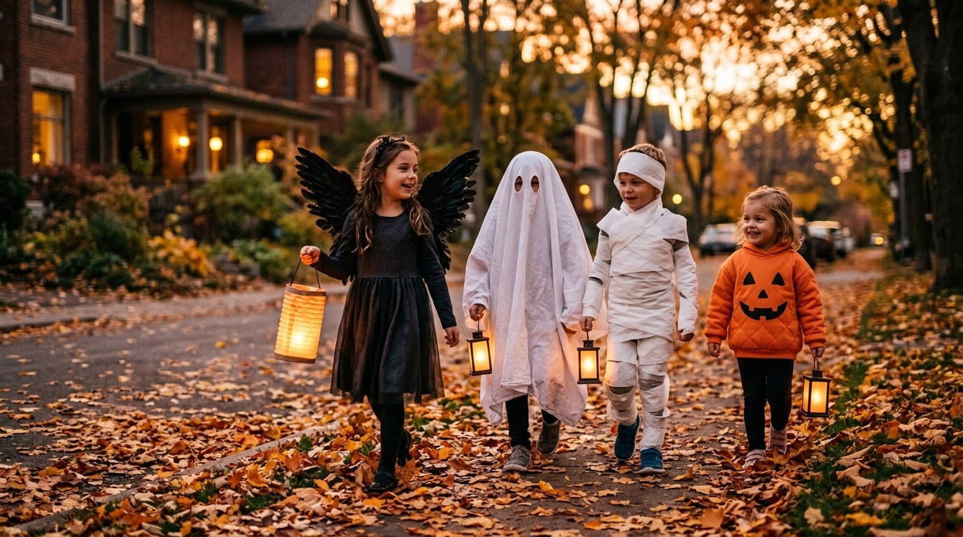 Groupe d'enfants en costumes d'Halloween faits maison dans la rue