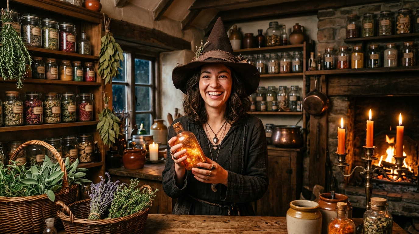 Sorcière souriante tenant une potion dans une cuisine éclairée aux bougies