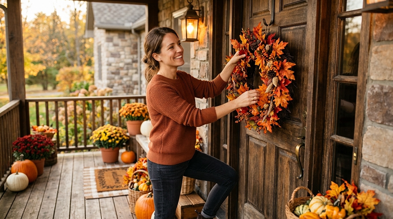 Femme accrochant une couronne de feuilles d'automne sur sa porte