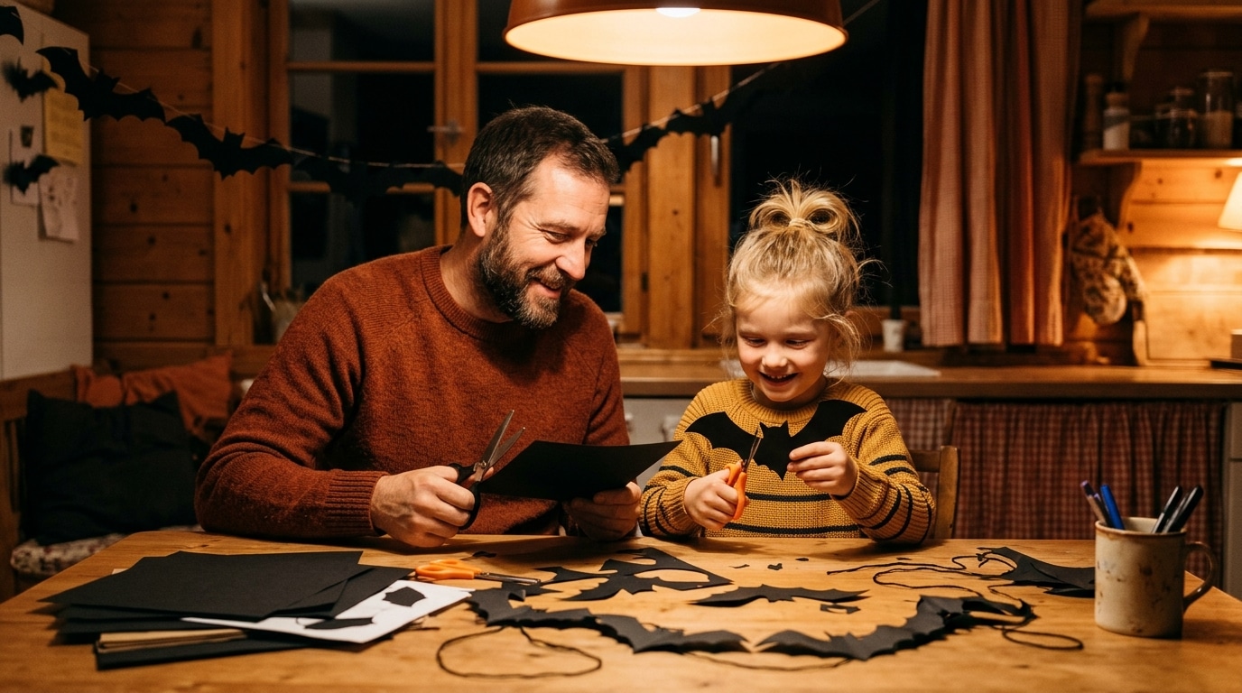 Père et enfant découpant des chauves-souris en papier noir