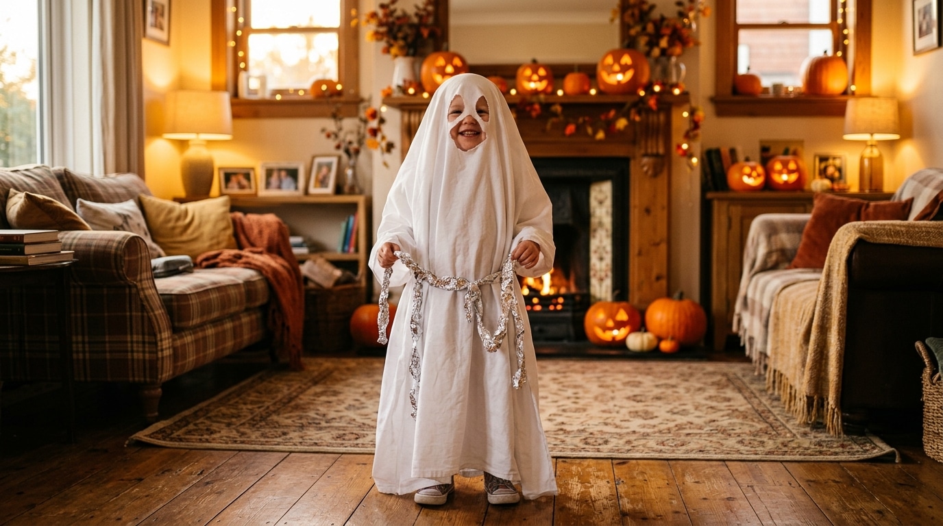 Enfant déguisé en fantôme avec un drap blanc