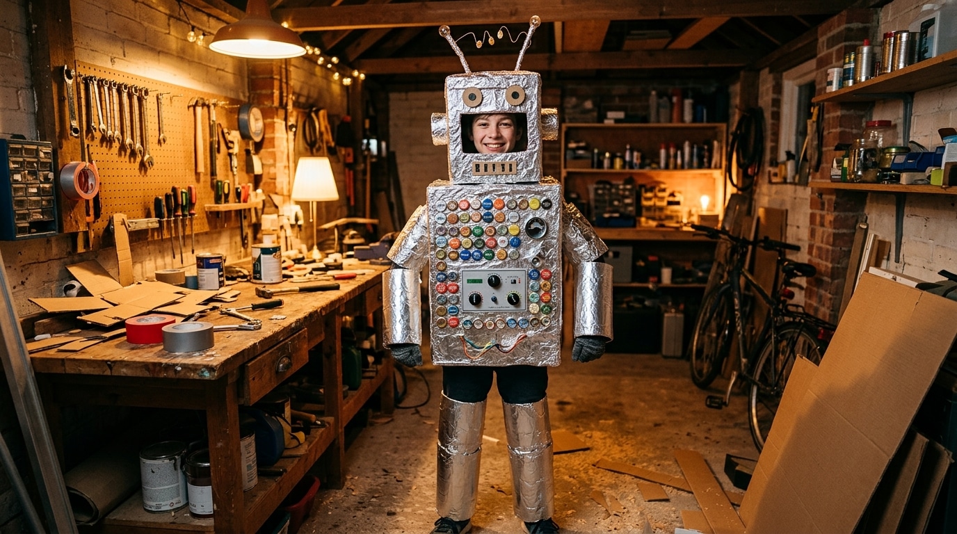 Adolescent en costume de robot en carton et papier alu