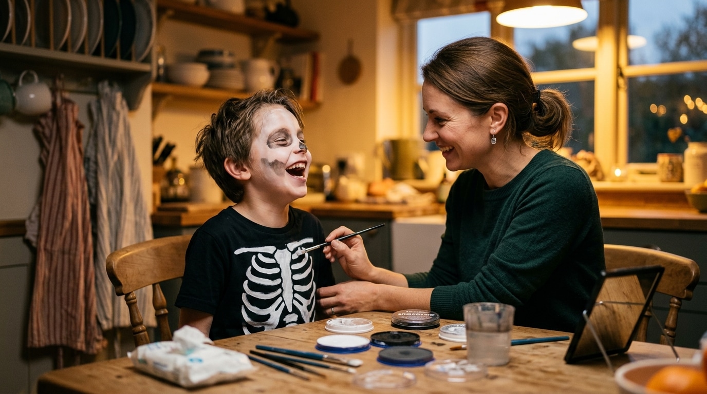 Maman maquillant un enfant en squelette sur la table