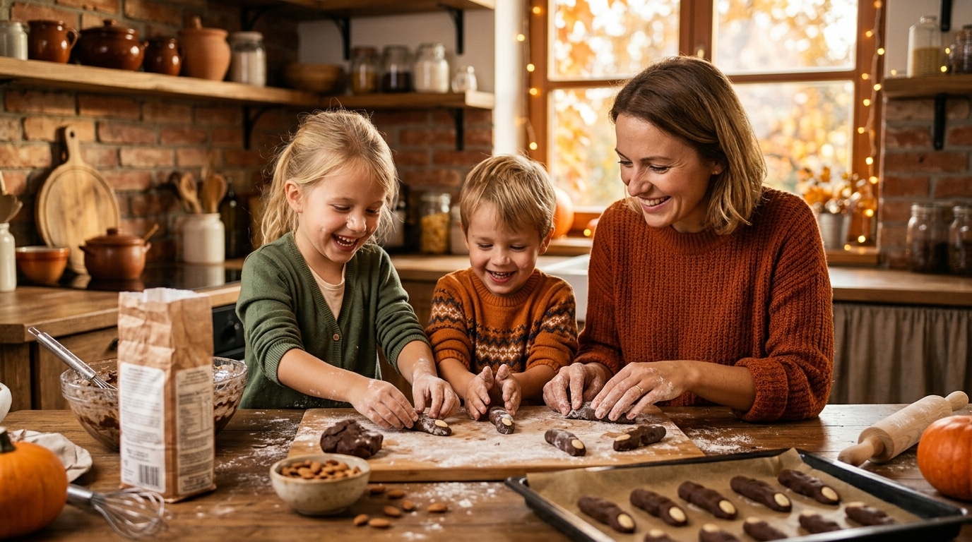 Parents et enfants préparant des doigts de sorcière en cuisine