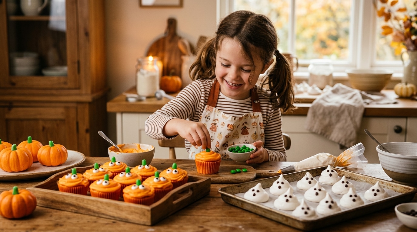Enfant décorant des cupcakes citrouille et meringues fantômes