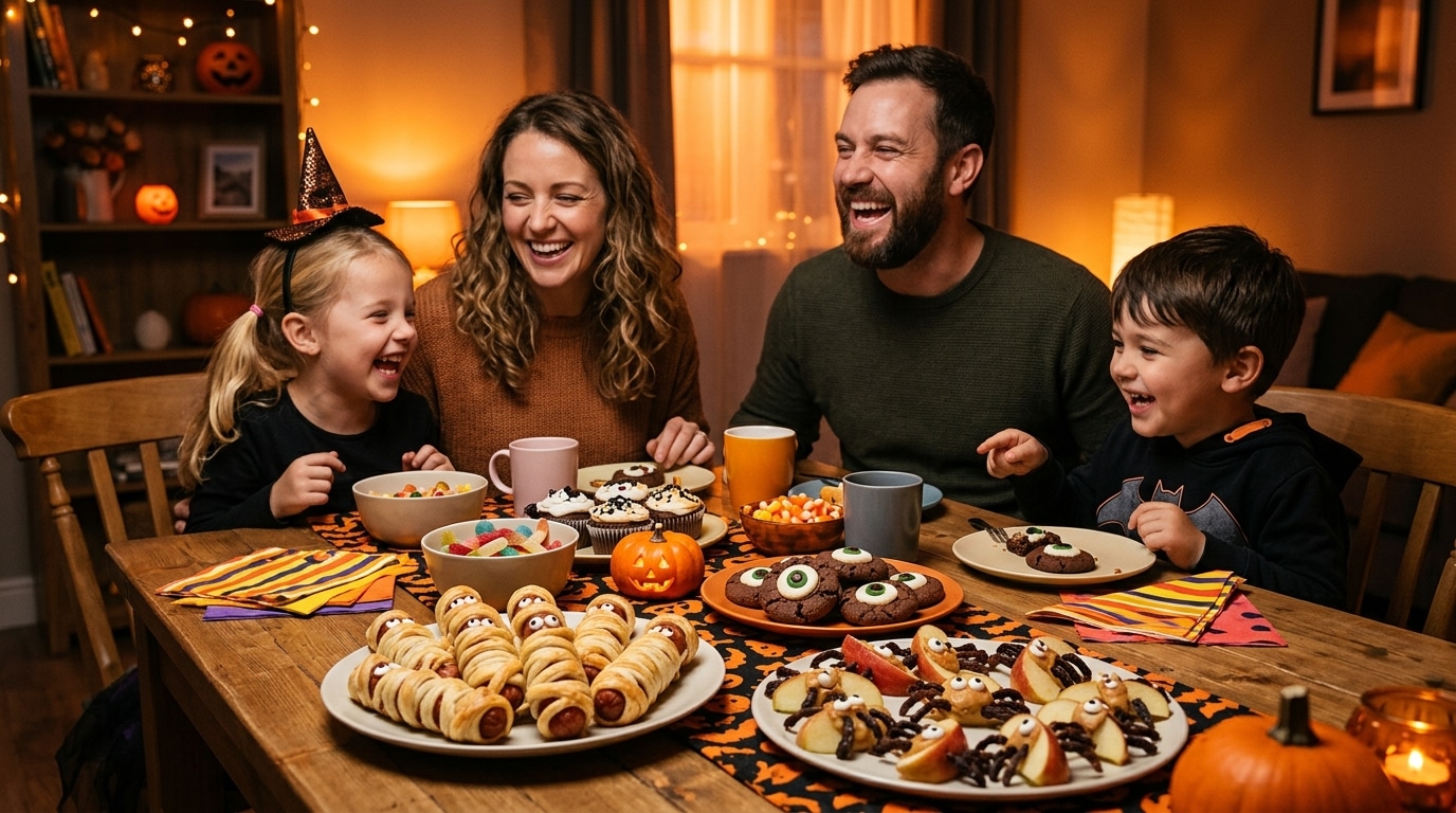 Famille attablée devant des gourmandises d'Halloween maison