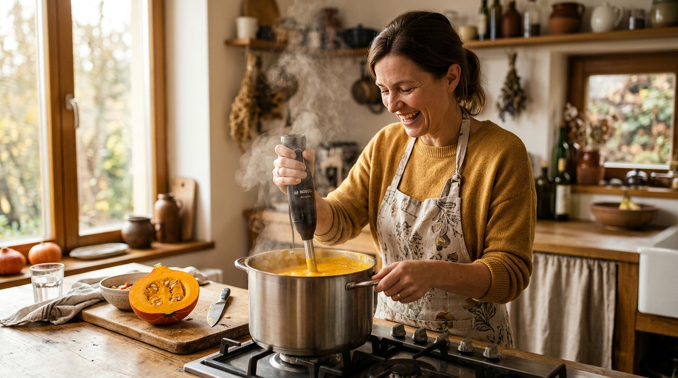 Parent mixant un velouté de potimarron orange dans la cuisine