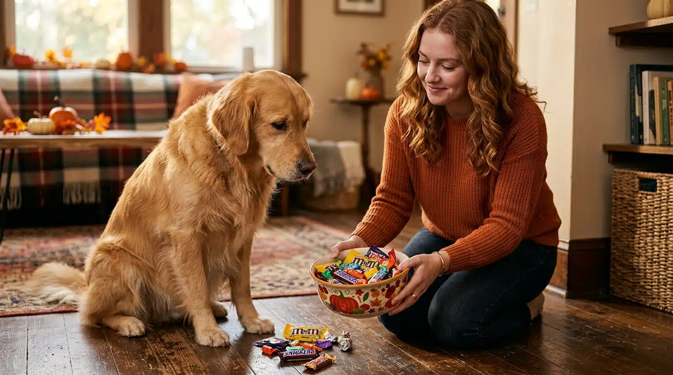 Chien près d'un bol de bonbons d'Halloween