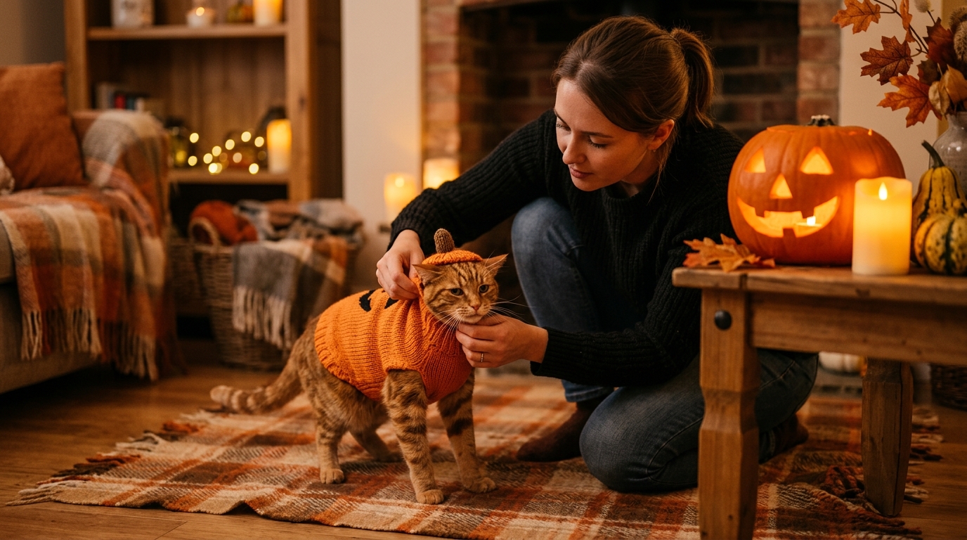 Chat mal à l'aise dans un costume de citrouille