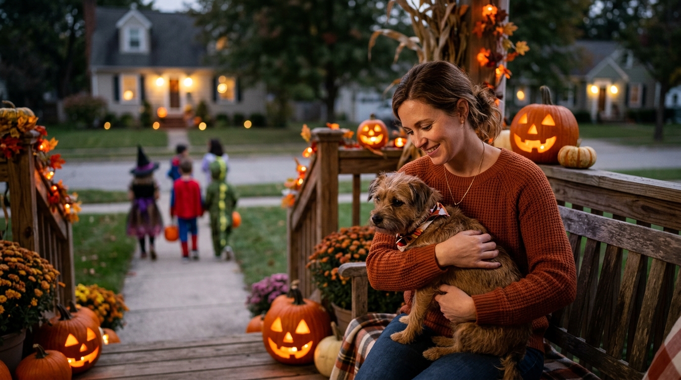 Femme protégeant son chien un soir d'Halloween