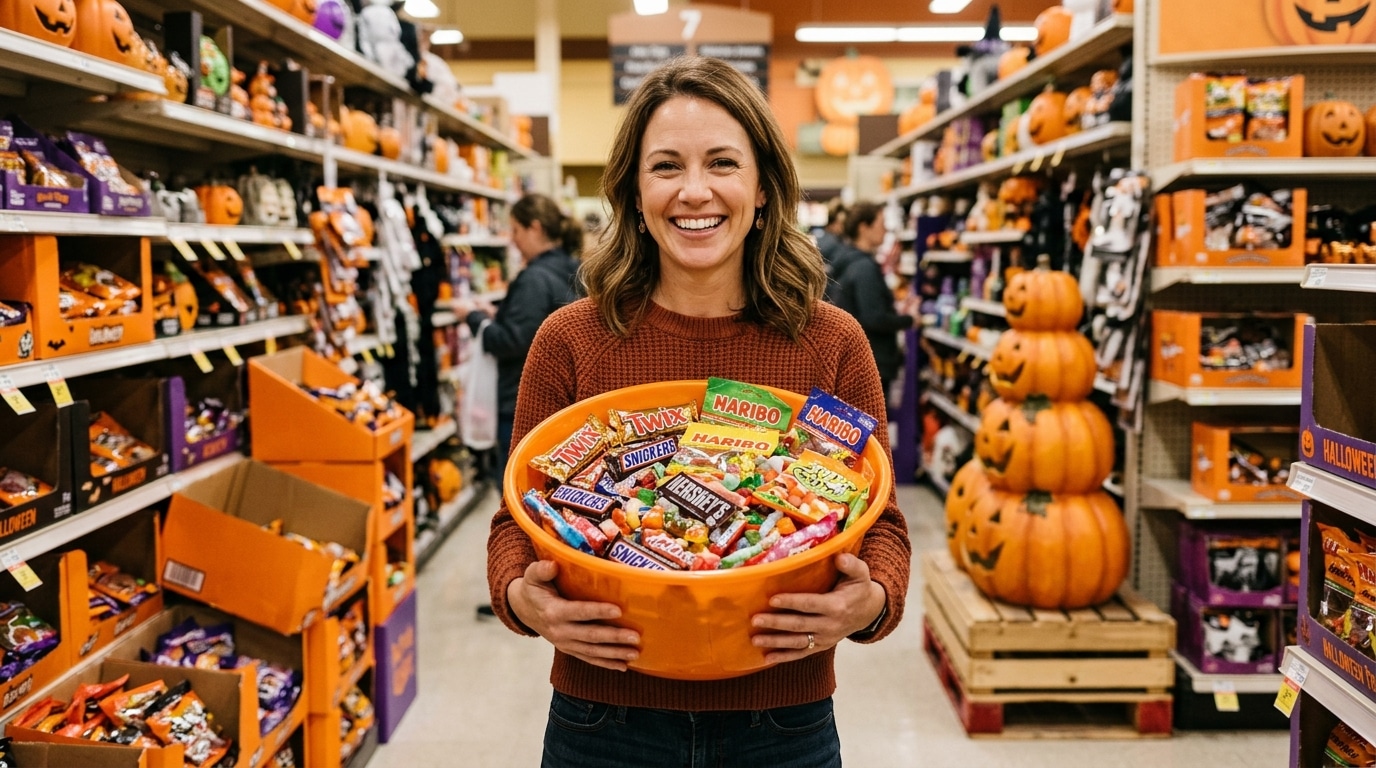 Femme avec un bol de bonbons dans un rayon Halloween