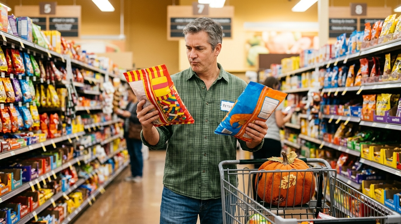 Père comparant deux gros sachets de bonbons au supermarché